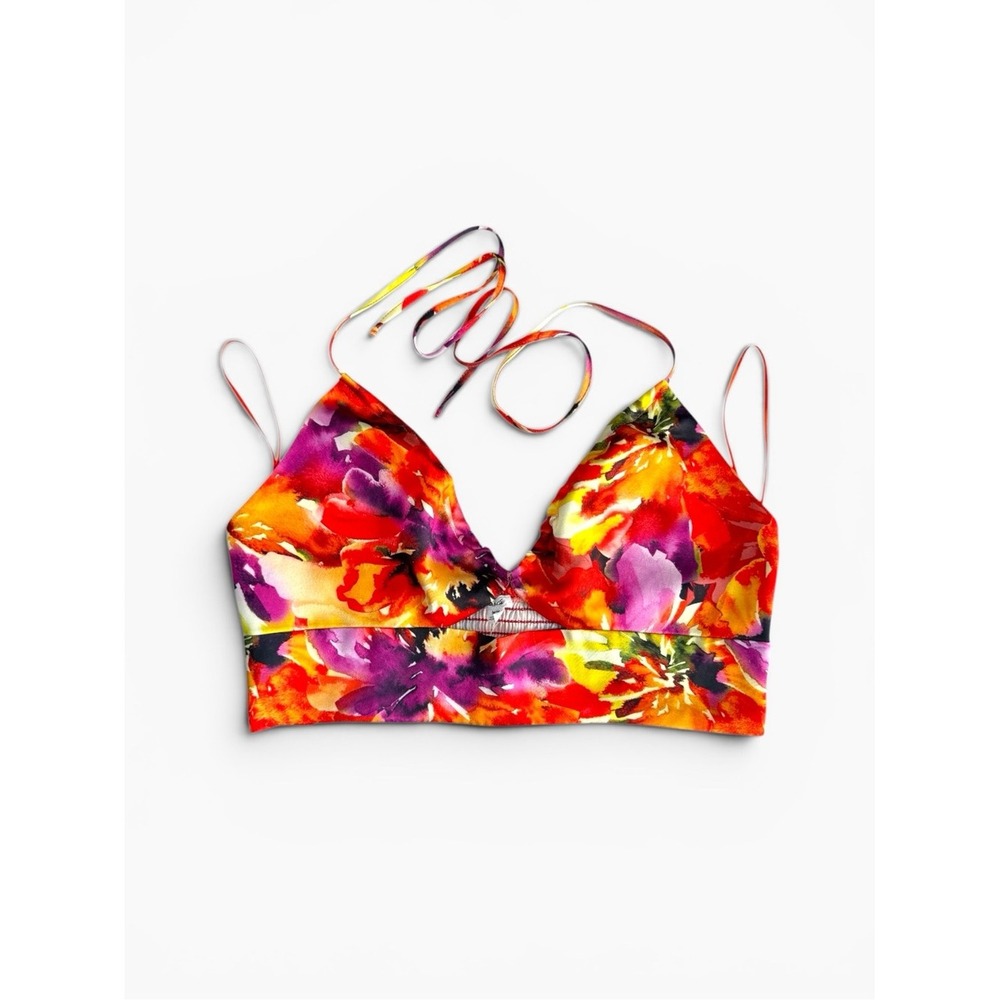 Garage Painted Floral Satin Finish Halter Crop Top Orange‎ Purple M Y2K